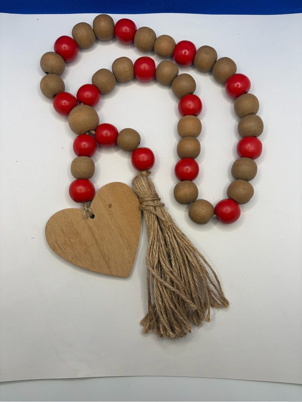 Red & Natural Wood Bead Garland with Heart & Jute Tassel Farmhouse Decor